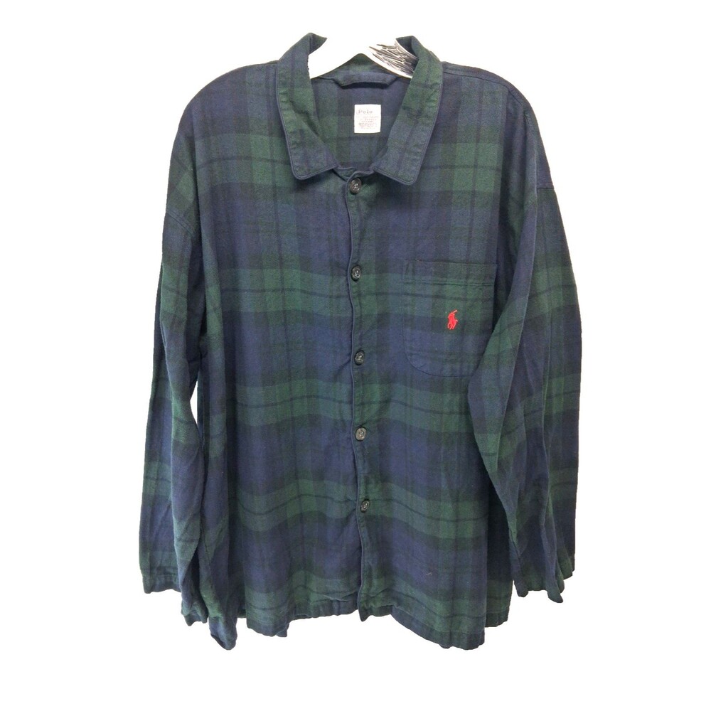 Polo Y2K Vintage Men's Collard Long Sleeve Button Close Plaid Pajama Shirt L/XL
